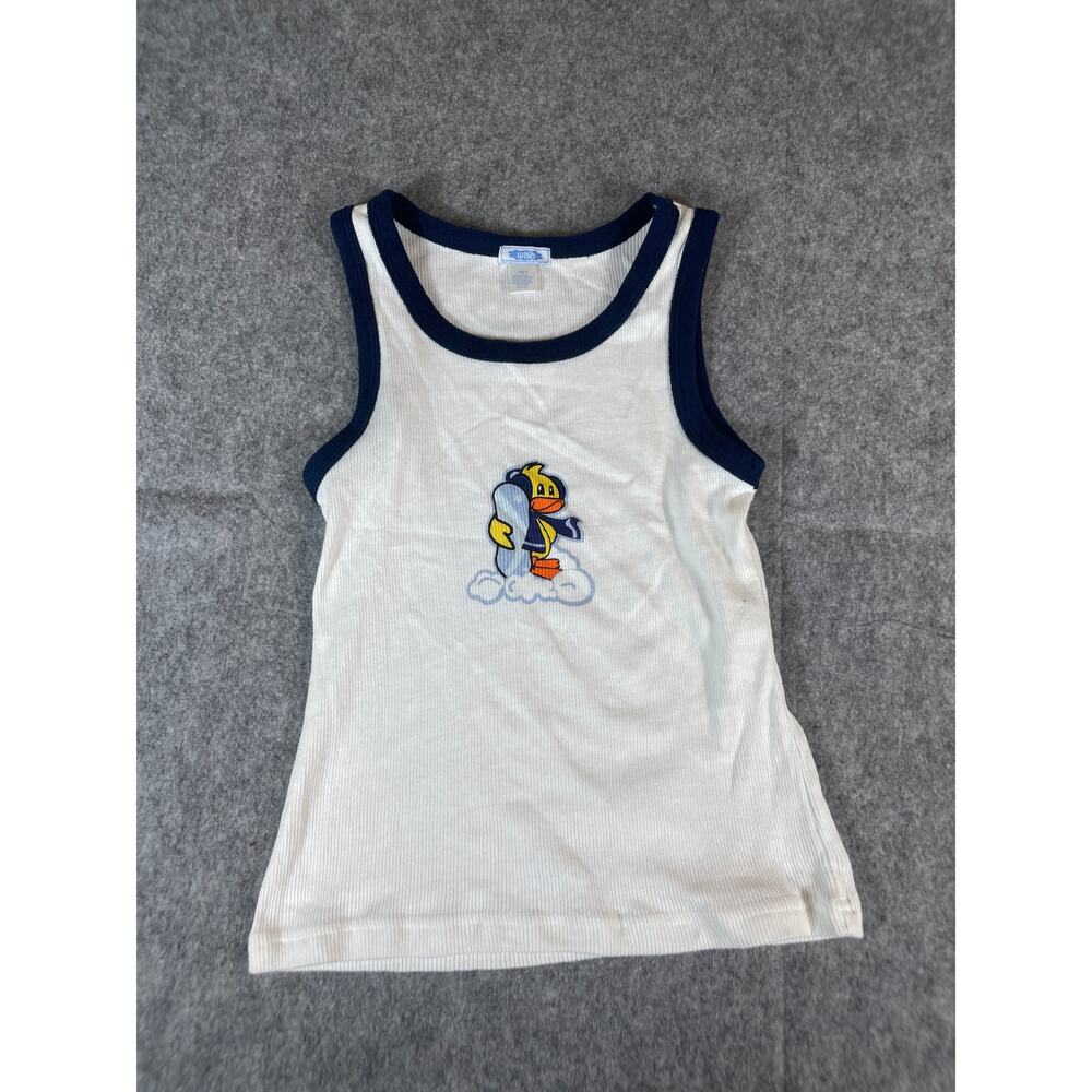 VINTAGE Wish Top Girls Small White Penguin Tank Ribbed Sleeveless Ringer Y2K